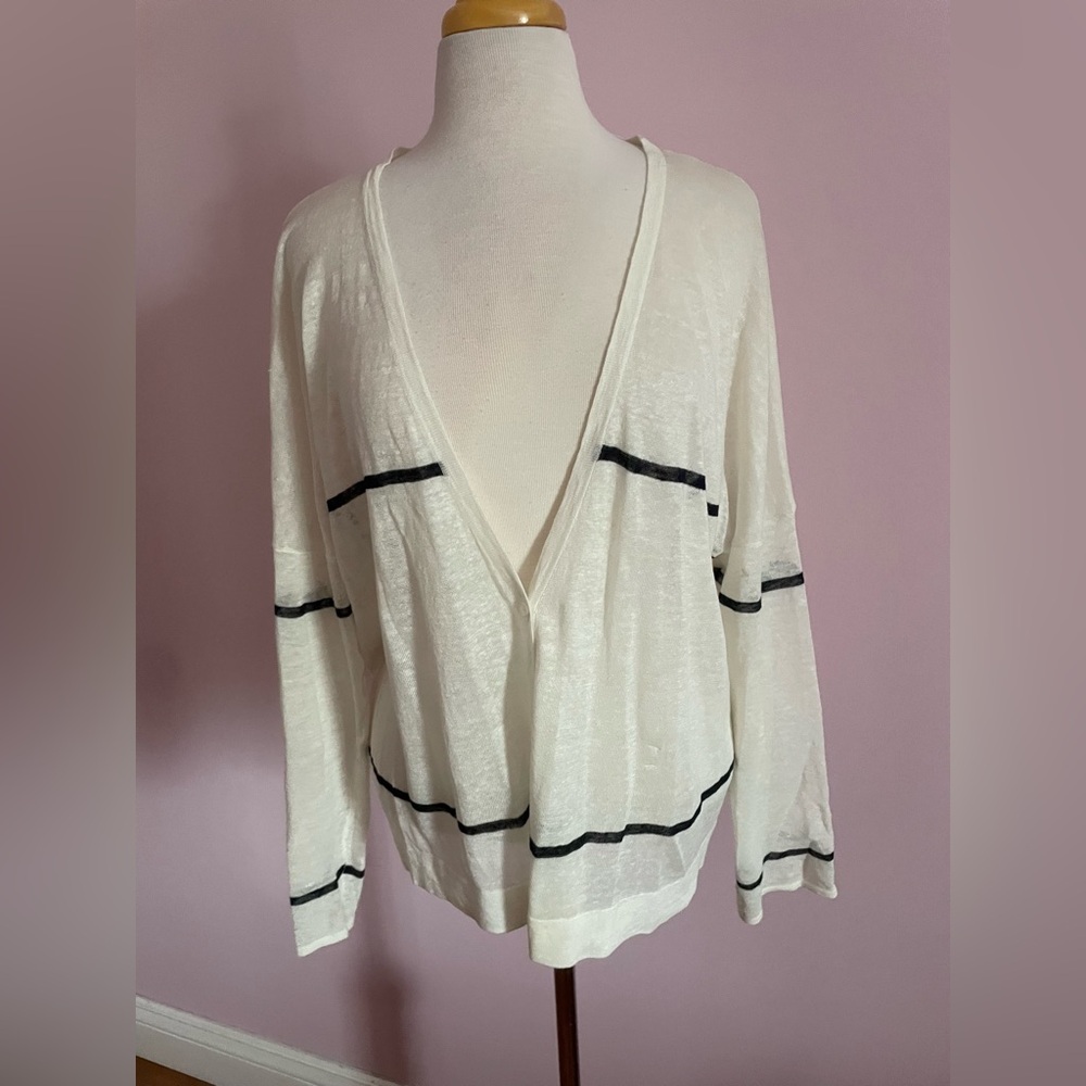 White Sheer Cardigan Sweater with Black Stripes - Picture 2 of 10